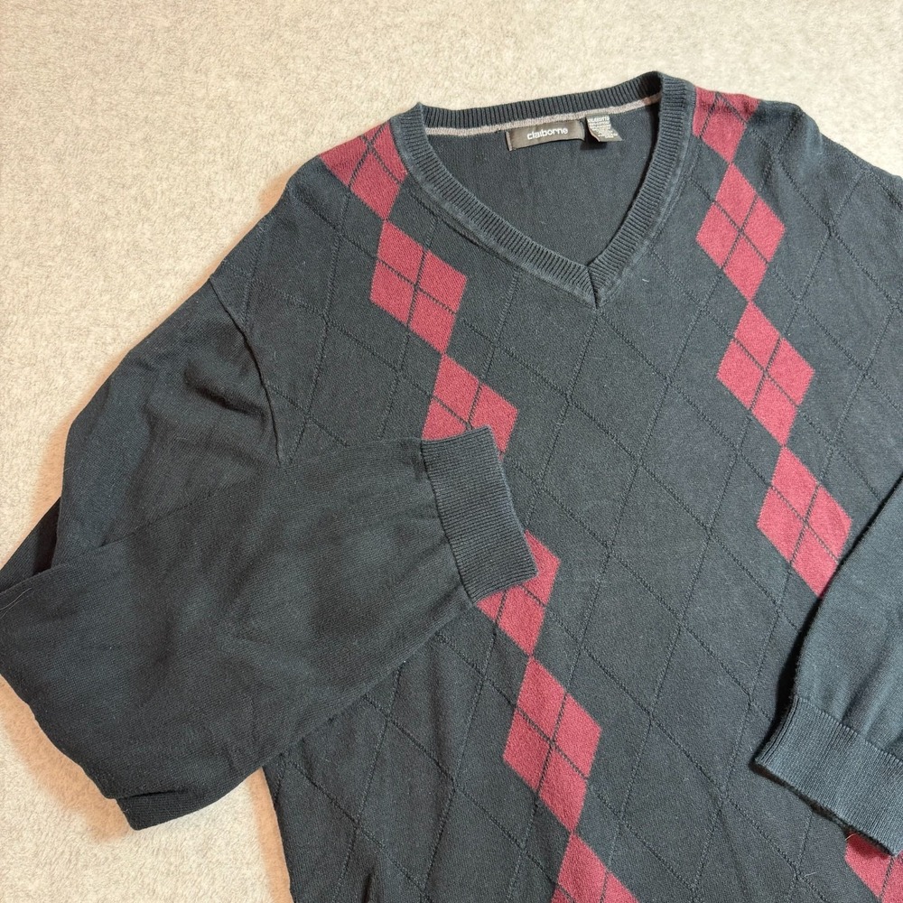 Claiborne Mens XXL V-Neck Argyle Sweater Pullover Blue Gray Cotton‎ Casual